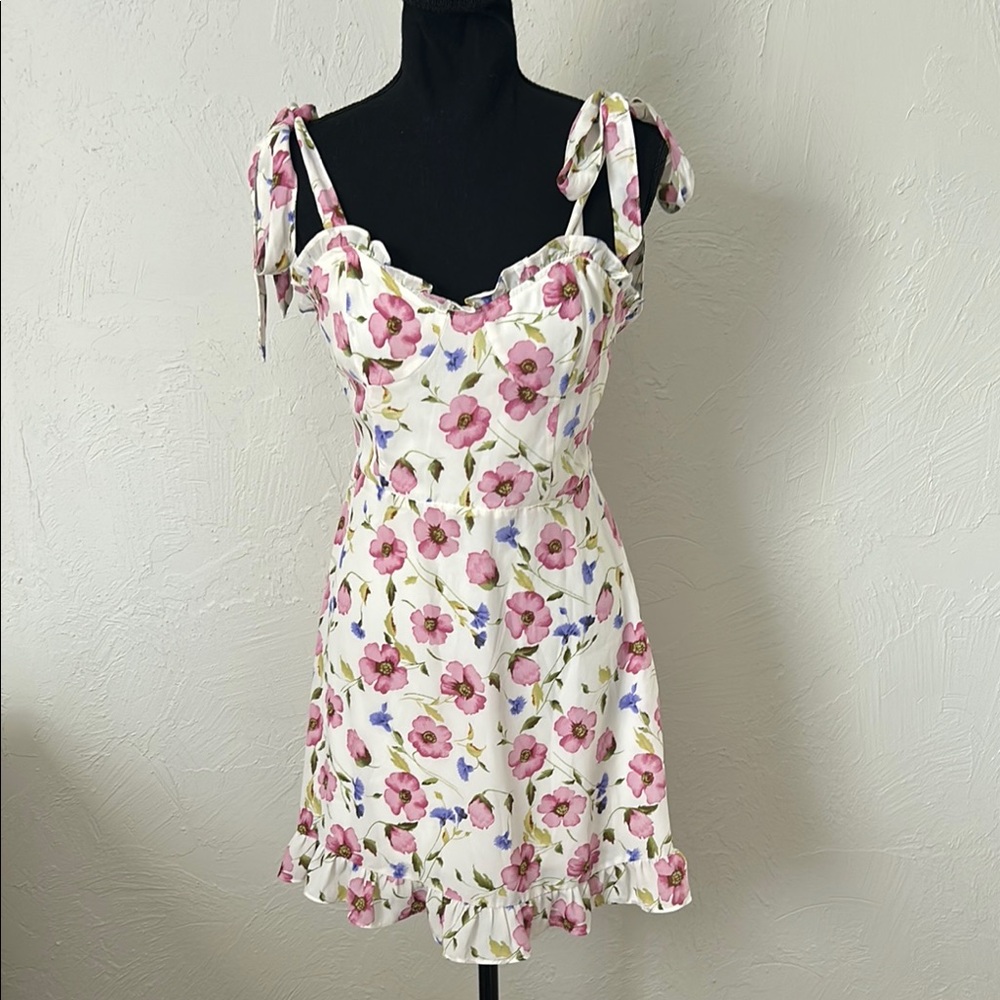 Forever 21 Floral Ruffle Mini Sundress w/ Sweetheart Neckline & Self Tie Sleeves